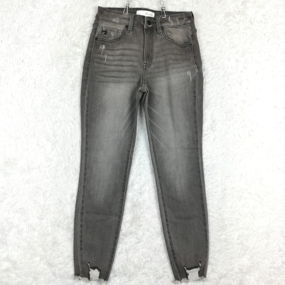 Kancan Womens‎ Jeans High Rise Ankle Skinny Denim Gray Distressed Whiskering 7